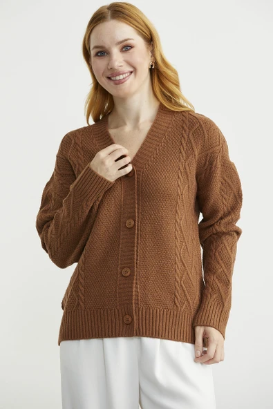 Oversize Düğmeli Triko Hırka - Taba - Resim 4