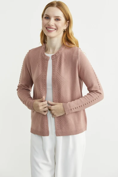 Yuvarlak Yaka Motifli Triko Hırka - Gül - Resim 3