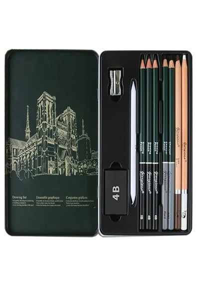 Karakalem Seti 10 Parça 1 Paket Teneke Metal Kutu Eskiz Çizim Seti Kara Kalem