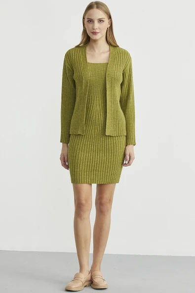 İkili Elbise Hırka Triko Takım - Yeşil