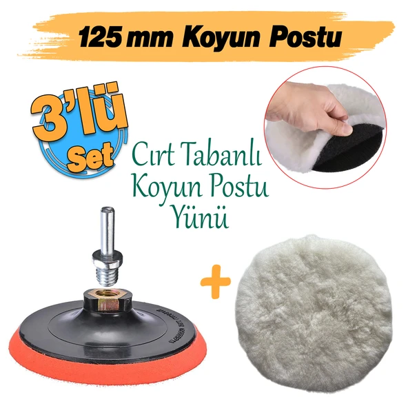 ( 3'lü Set) Koyun Postu Pedi Ø 125 mm + Cırt Taban + M14 Pasta Cila Polisaj Kuzu Postu Yünü Keçesi - Resim 2