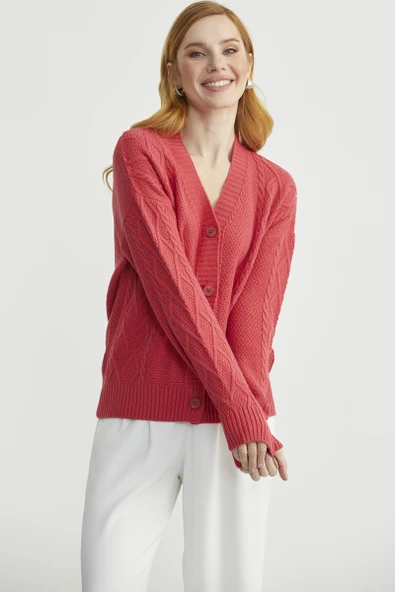 Oversize Düğmeli Triko Hırka - Gül - Resim 4