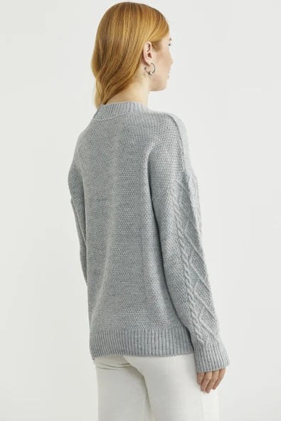 Oversize Düğmeli Triko Hırka - Açık Gri - Resim 6