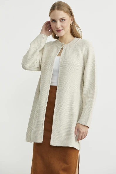 Sıfır Yaka Yünlü Uzun Triko Hırka - Taş - Resim 3