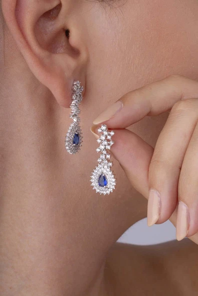 Gümüş Pazarım Hürrem Sultan Modeli Safir Taşllı Damla Motifli 925 Ayar Gümüş Küpe ürün görseli 1