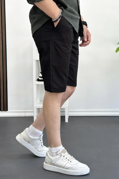 Erkek Full Likralı Keten Şort Siyah Edw139 - Resim 2