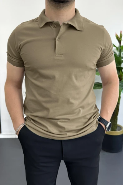 Erkek Slim Fit Düz Renk Pamuklu Soft Polo Tişört Açık Kahverengi Edw365 ürün görseli