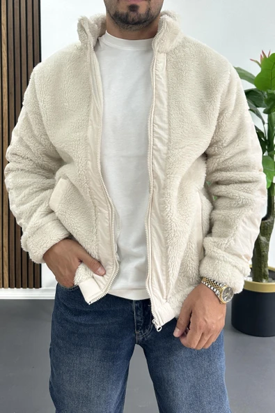 Erkek Normal Kalıp Peluş Mont Beyaz Edw417 - Resim 2