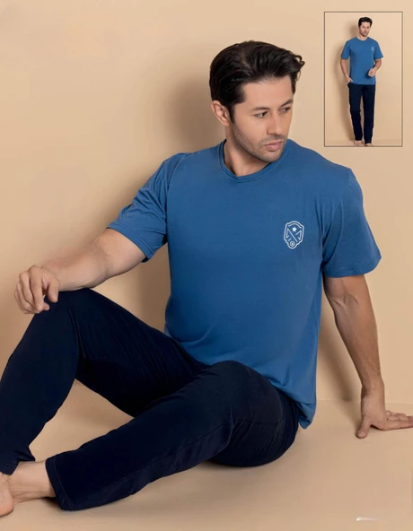 Pijamerry Erkek Bisiklet Yaka Kısa Kol Penye Pijama Takımı 6380 - 1 Adet  2XL Mavi ürün görseli 1