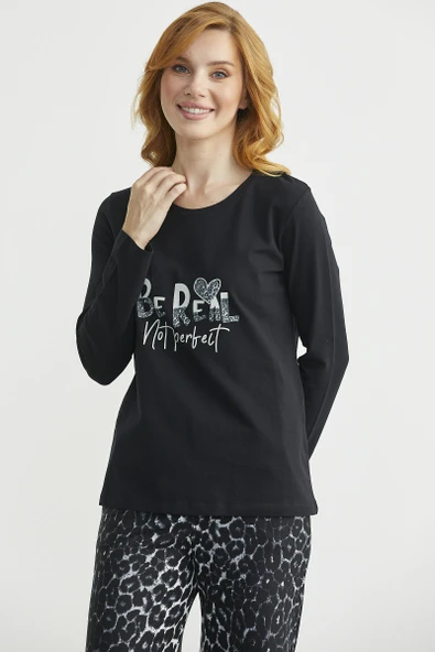 Yumuşak Dokulu Leopar Kombinli Rahat Takım - Siyah - Resim 4