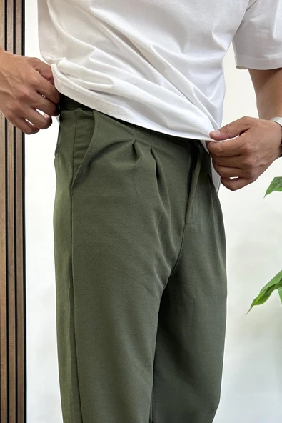 Erkek Rahat Kalıp Pileli Pantolon Yeşil Edw402 - Resim 2