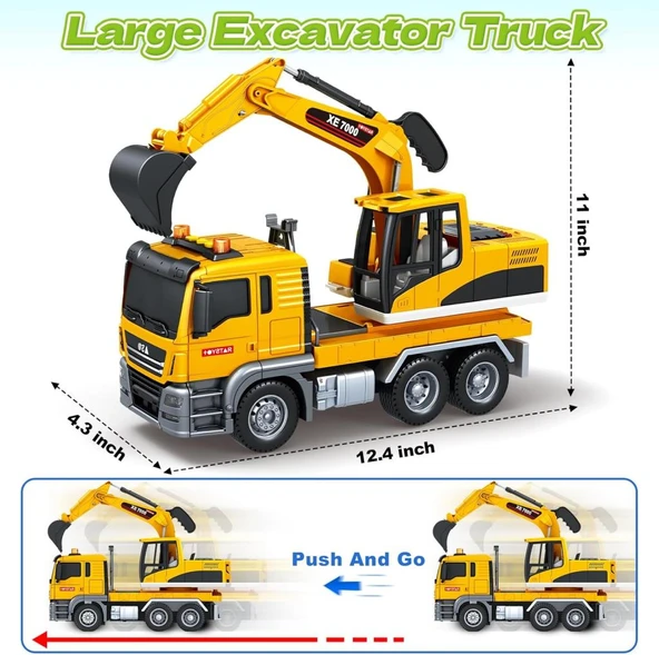 1:12 Sürtmeli Sesli Işıklı 360 Derece Dönebilen Taşıyıcı Oyuncak Ekskavatör - Resim 3