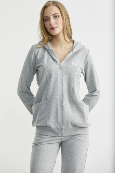 Oversize Kapüşonlu Fermuarlı Eşofman Takım - Gri - Resim 2