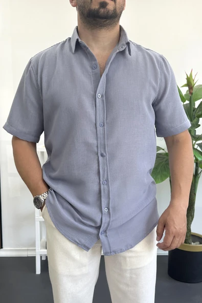 Erkek Kısa Kollu Keten Görünümlü Gömlek Mavi Edw389 ürün görseli