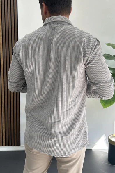 Erkek Kadife Kumaş Gömlek Gri Edw415 - Resim 3