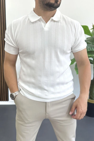 Erkek Açık Yaka Desenli Tişört Beyaz Edw385 ürün görseli