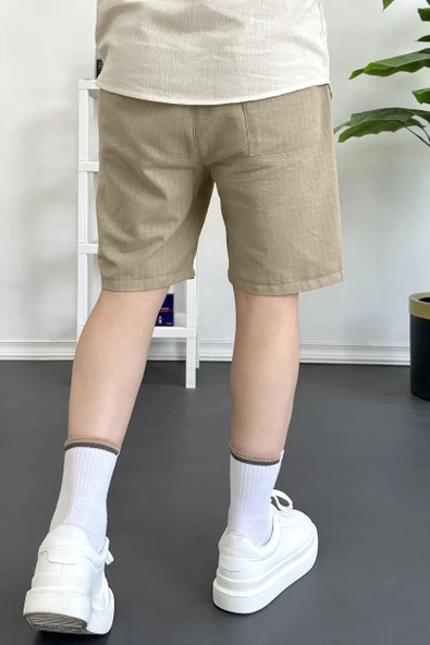 Erkek Beli Lastikli Keten Kumaş Şort Kahverengi Edw370 - Resim 5