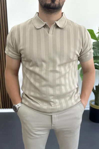 Erkek Açık Yaka Desenli Tişört Vizon Edw385 ürün görseli