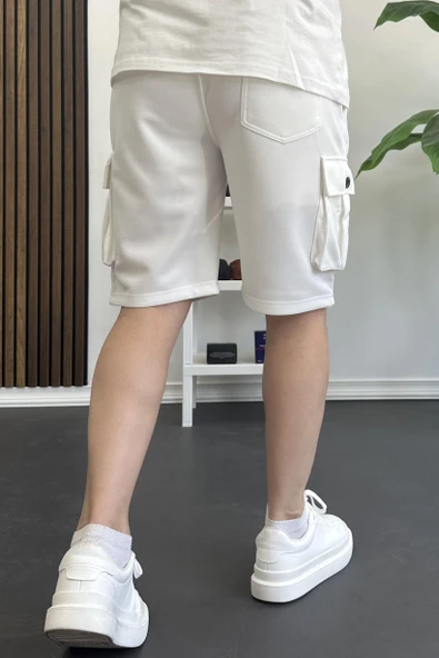 Erkek Beli Lastikli Cepli Şort Beyaz Edw388 - Resim 3