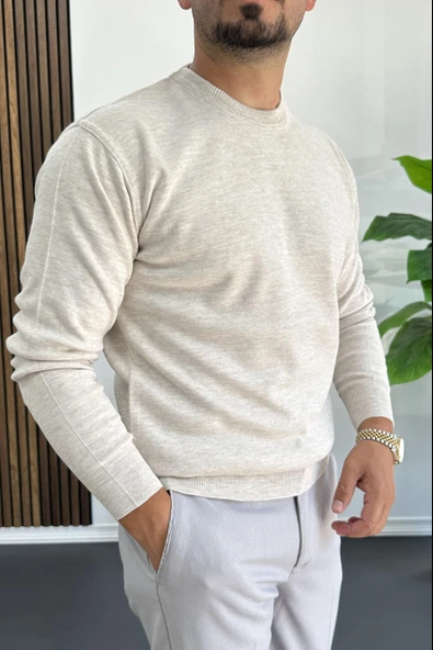 Erkek Bisiklet Yaka Normal Kalıp Kazak Krem Edw410 - Resim 2