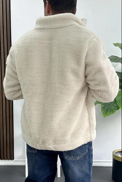 Erkek Normal Kalıp Peluş Mont Beyaz Edw417 - Resim 4