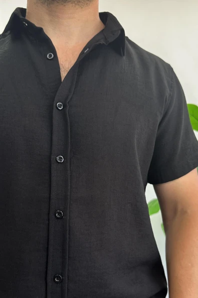 Erkek Kısa Kollu Keten Görünümlü Gömlek Siyah Edw389 - Resim 4