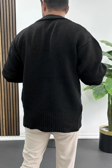 Erkek Düğmeli Rahat Kesim Hırka Siyah Edw416 - Resim 3