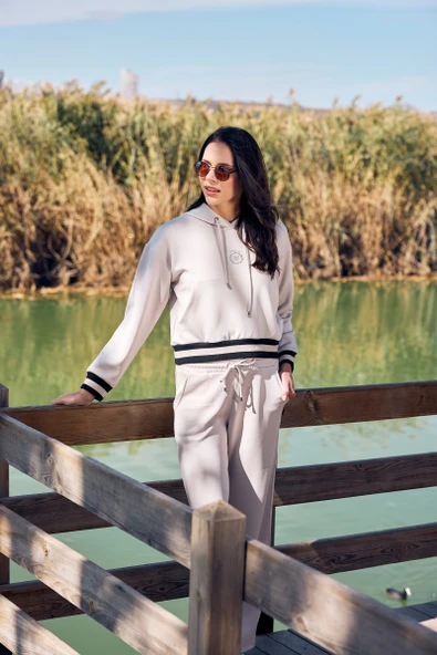 Kapüşonlu Rahat Kalıp Scuba Eşofman Takım - Taş - Resim 2