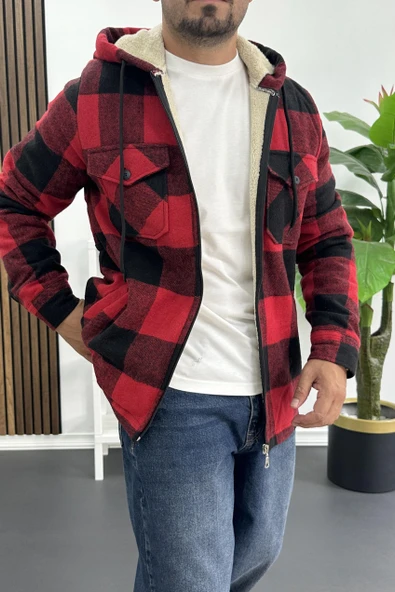 Erkek İçi Kürklü Kapüşonlu Ceket Kırmızı Edw418 - Resim 2