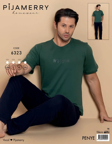 Pijamerry Erkek Bisiklet Yaka Kısa Kol Penye Pijama Takımı 6323 - 1 Adet  Yeşil 2XL - Resim 3