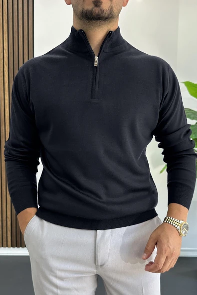 Erkek Yarım Fermuarlı Normal Kalıp Kazak Lacivert Edw411 - 2