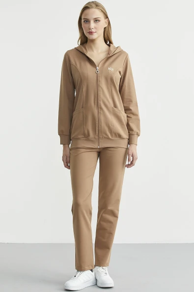 Oversize Kapüşonlu Fermuarlı Eşofman Takım - Kamel ürün görseli 1