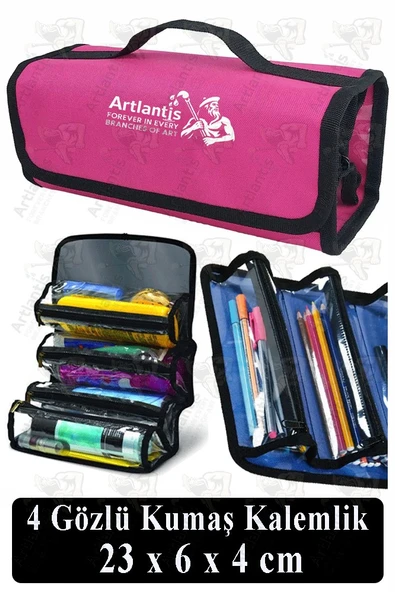 4 Gözlü Kalem Çantası 1 Adet Dört Bölümlü Kalemlik Sanatsal Şeffaf Bölmeli Kulplu Taşınabilir Kumaş Kalemlik - 5