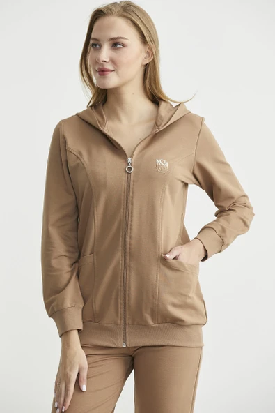 Oversize Kapüşonlu Fermuarlı Eşofman Takım - Kamel - Resim 4