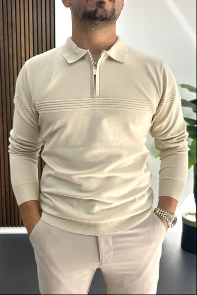 Erkek Slim Fit Çizgi Detaylı Polo Yaka Kazak Krem Edw427 ürün görseli