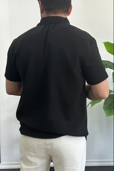 Erkek Kısa Kollu Keten Görünümlü Gömlek Siyah Edw389 - Resim 3