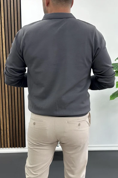 Erkek Yarım Fermuarlı Düz Desen Polo Yaka Kazak Antrasit Edw424 - Resim 3