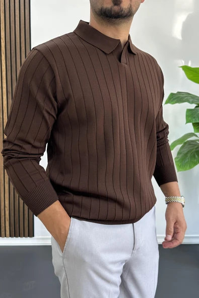 Erkek Açık Yaka Normal Kalıp Kazak Kahverengi Edw412 - 2