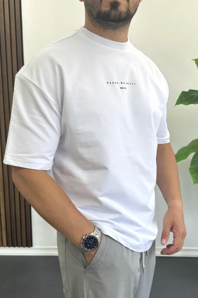 Erkek Kabartmalı Sırt Baskılı Oversize Tişört Beyaz Edw390 - Resim 2