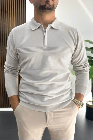 Erkek Slim Fit Çizgi Detaylı Polo Yaka Kazak Gri Edw427 - 2