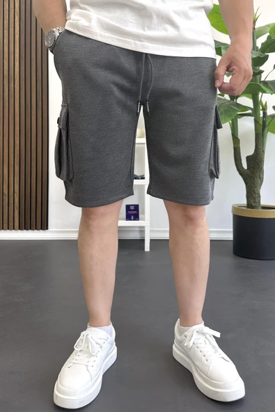 Erkek Beli Lastikli Cepli Şort Antrasit Edw388 - Resim 2