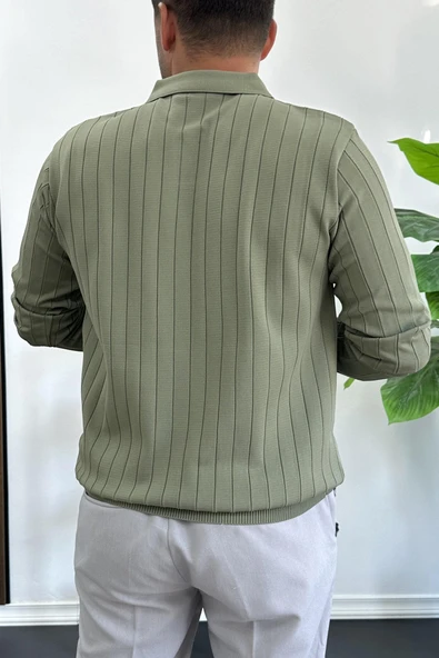 Erkek Açık Yaka Normal Kalıp Kazak Haki Edw412 - Resim 3