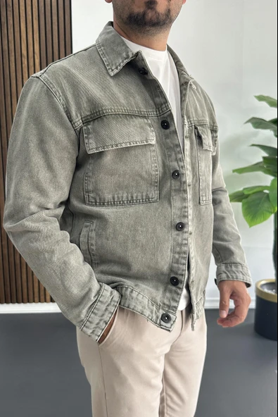 Erkek Slim Fit Kot Ceket Yeşil Edw414 - Resim 2