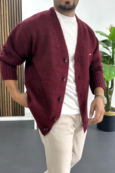 Erkek Düğmeli Rahat Kesim Hırka Bordo Edw416 - Resim 2