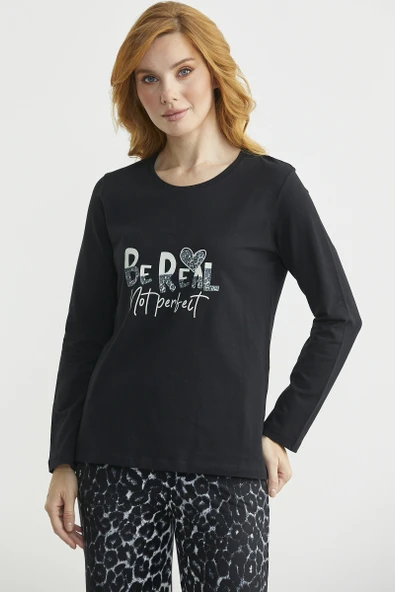 Yumuşak Dokulu Leopar Kombinli Rahat Takım - Siyah - Resim 3