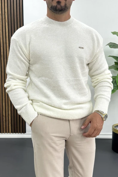 Erkek Bisiklet Yaka Buklet Kumaş Kazak Beyaz Edw419 - Resim 2