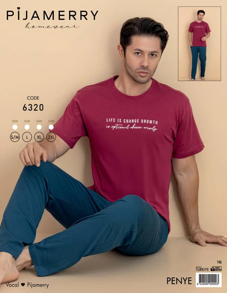 Pijamerry Erkek Bisiklet Yaka Kısa Kol Penye Pijama Takımı 6320 - 1 Adet  S - M Kırmızı - Resim 2