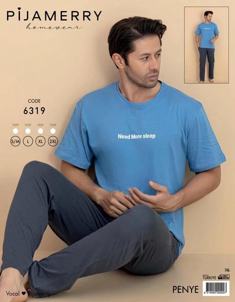 Pijamerry Erkek Bisiklet Yaka Kısa Kol Penye Pijama Takımı 6319 - 1 Adet  S - M Mavi - Resim 2