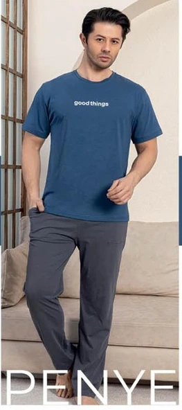 Pijamerry Erkek Bisiklet Yaka Kısa Kol Penye Pijama Takımı 5834 - 1 Adet  2XL Mavi - Resim 3