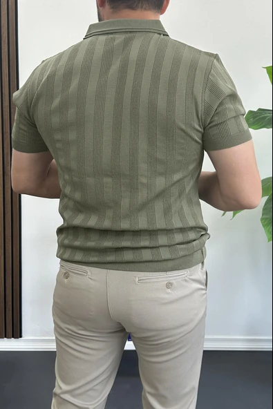 Erkek Açık Yaka Desenli Tişört Yeşil Edw385 - Resim 3